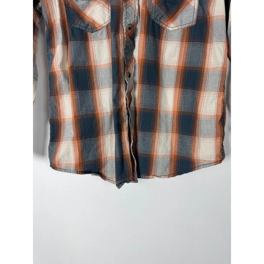 Western Cowboy Hardware Kids Med Shirt Orange Blue Plaid Bull‎ Skull Snap Front